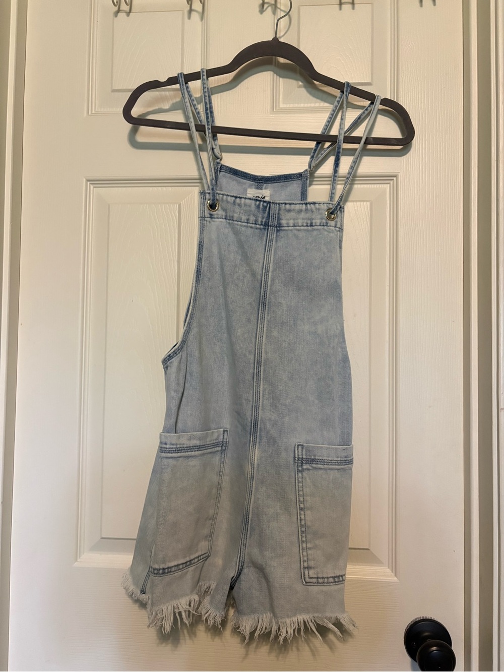 Aerie Light Wash Denim Overall Romper with Frayed Hem